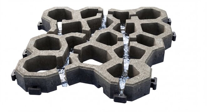 A modular interlocking concrete paving grid system designed for permeable ground stabilization use.