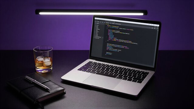 Developer works late, illuminated by desk lamp beside whiskey and notebook.
