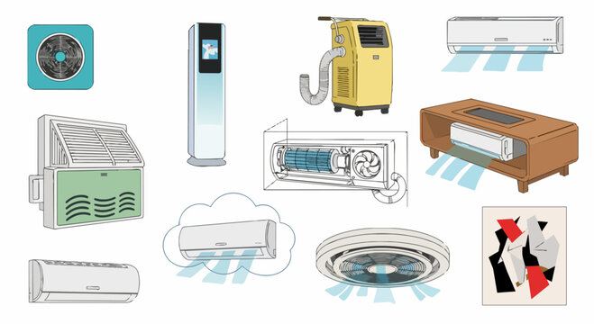 A digital air conditioning control panel interface displays a blue vertical remote, portable air cooler, wall mounted split AC.