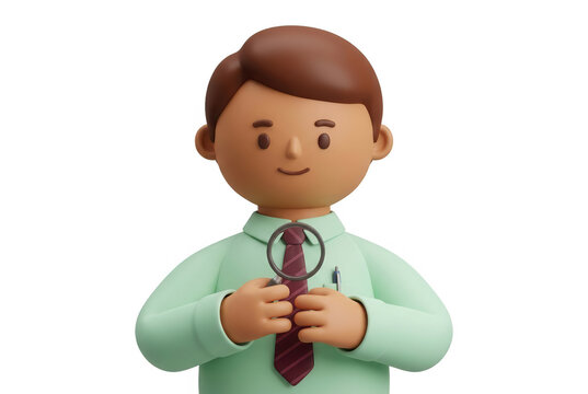 Illustrazione 3D di un giovane uomo d'affari in camicia verde e cravatta che tiene in mano una lente d'ingrandimento, rappresentando ricerca, analisi dati e attenzione ai dettagli professionali.