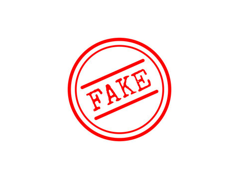 Red rubber stamp with the word fake inside a circular frame for official documents isolated on transparent background