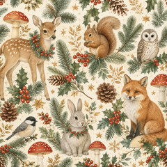 Obraz premium Woodland Animals Christmas Seamless Pattern with Fox Deer Rabbit Squirrel and Owl
