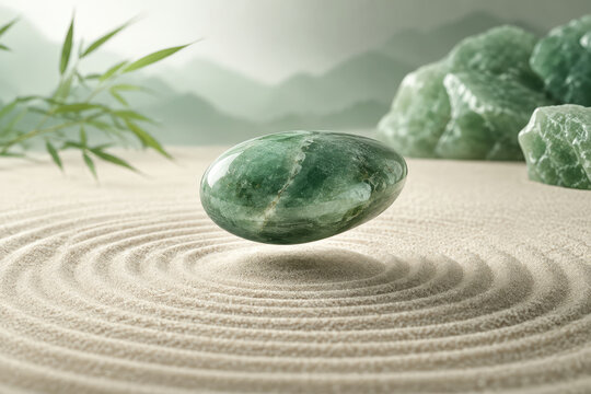 Green Aventurine Crystal in Zen Sand Garden for Meditation and Spiritual Wellness
