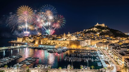 Fototapeta premium Fireworks display over a Mediterranean coastal town harbor at night with city lights.