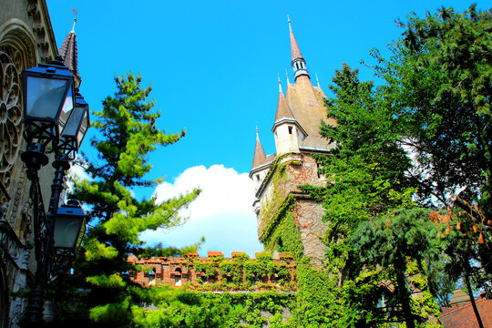 BUDAPEST, HUNGARY - AUGUST 31, 2025: Gatehouse tower at Vajdahunyad Castle. A striking medieval-inspired feature, showcasing detailed stonework and architectural grandeur hinting at rich history