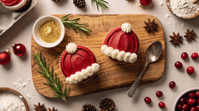 Top Down View of Christmas Santa Hat Cupcakes on Wooden Board with Ingredients