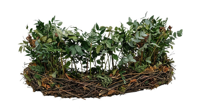 Una composizione decorativa naturale composta da rami intrecciati e fogliame verde fresco, isolata su uno sfondo bianco puro, ideale per progetti di design floreale e decorazioni stagionali.