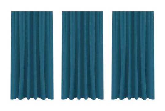 Tre pannelli di tende blu petrolio con pieghe verticali eleganti e texture in tessuto morbido, isolati su uno sfondo bianco puro per progetti di design d'interni e decorazione casa.
