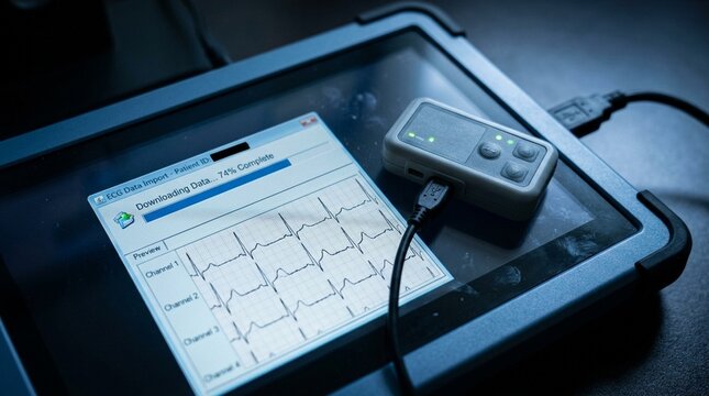 Holter monitor ECG recording being downloaded and reviewed on a screen