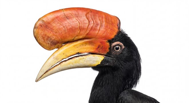 A close-up of a Rhinoceros Hornbill head highlighting the textured orange casque and yellow beak.