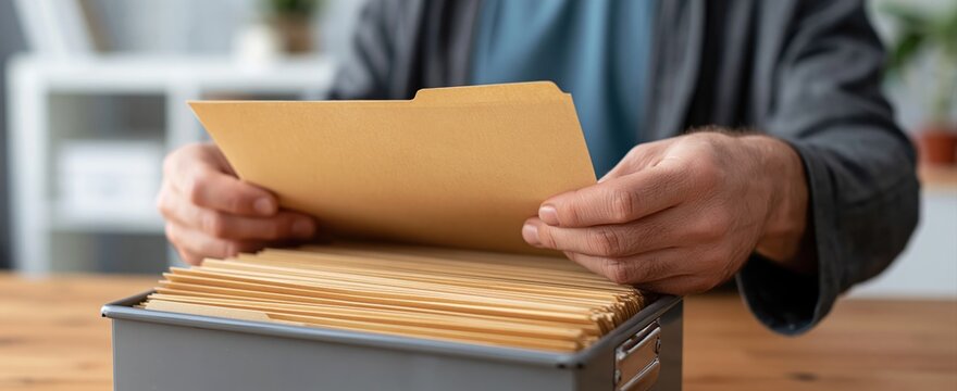 Filing and organizing paperwork and documents in office folders for administration