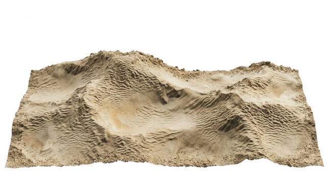 Una superficie di sabbia finissima modellata in dune ondulate isolata su sfondo bianco, perfetta per composizioni grafiche, texture naturali e design creativo minimalista.