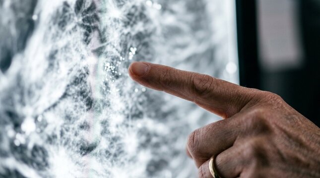 Mammography technologist reviewing a completed mammogram image on a diagnostic monitor