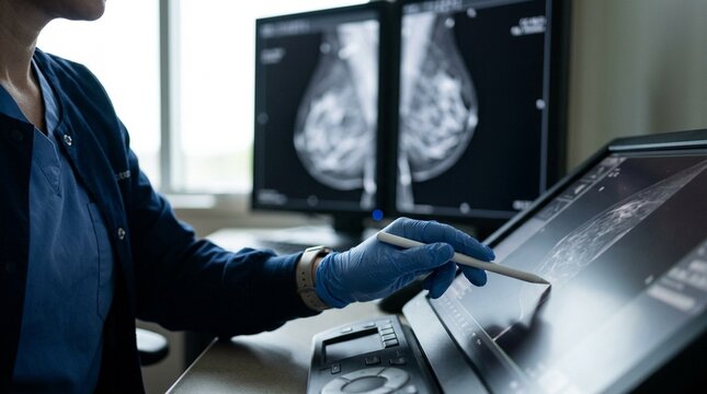 Mammography technologist reviewing a patient prior mammogram images before beginning a new screening