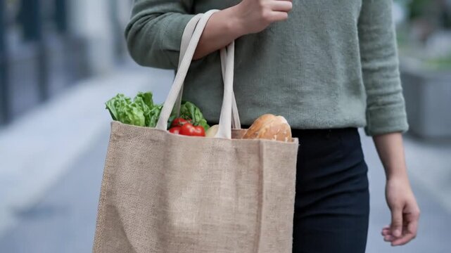 Young Woman Carrying Reusable Grocery Tote Bag with Fresh Produce and Bread for Sustainable Urban Shopping on City Sidewalk