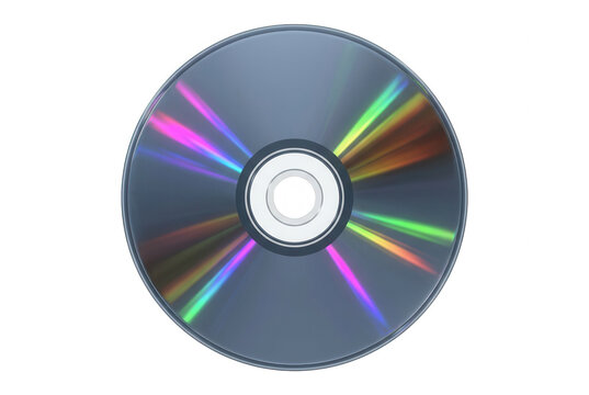 Un disco ottico CD o DVD isolato su sfondo bianco con riflessi arcobaleno iridescenti sulla superficie riflettente, perfetto per concetti di archiviazione dati e tecnologia multimediale.