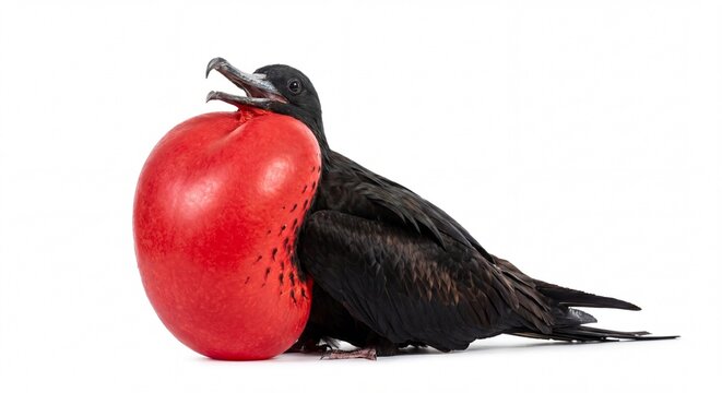 A male frigatebird displaying its large red throat pouch during a mating ritual on white backdrop.