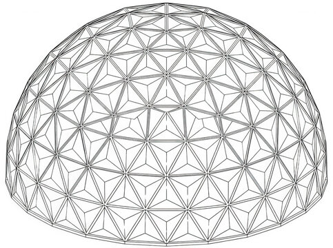 Struttura architettonica a cupola geodetica rappresentata con un disegno tecnico a linee nere su sfondo bianco, ideale per concetti di ingegneria, design futuristico e architettura moderna.