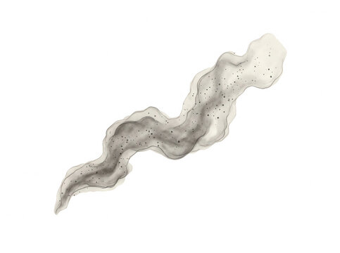 Un elemento grafico astratto a forma di scia di fumo grigio o vapore con texture granulosa, isolato su sfondo bianco, ideale per composizioni creative e design digitale.
