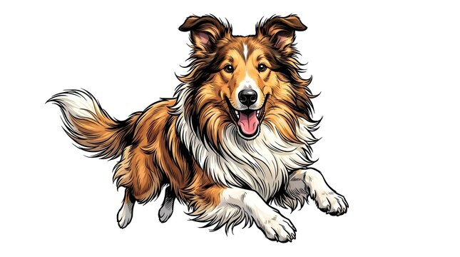 Happy rough collie running in vibrant comic illustration style