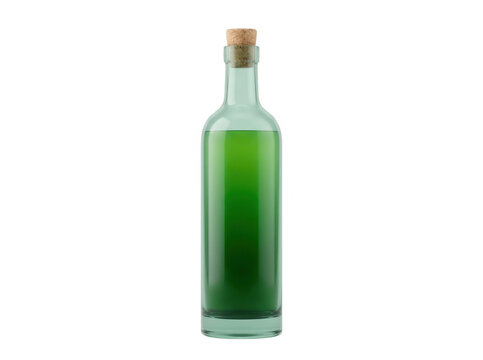 Una bottiglia di vetro trasparente riempita con un liquido verde vibrante e chiusa con un tappo di sughero, isolata su uno sfondo bianco puro per progetti di design e pubblicit&agrave;.