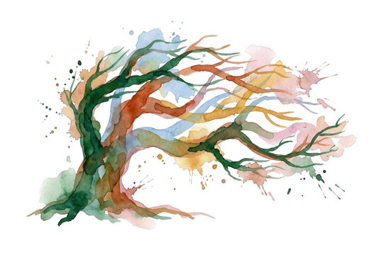 Illustrazione artistica ad acquerello di un albero stilizzato con rami mossi dal vento, caratterizzato da vivaci macchie di colore su sfondo bianco isolato per design creativo.