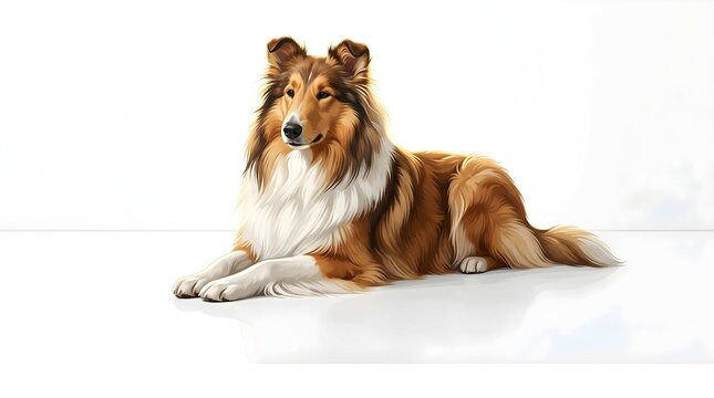 Majestic rough collie dog lying down on a clean white background