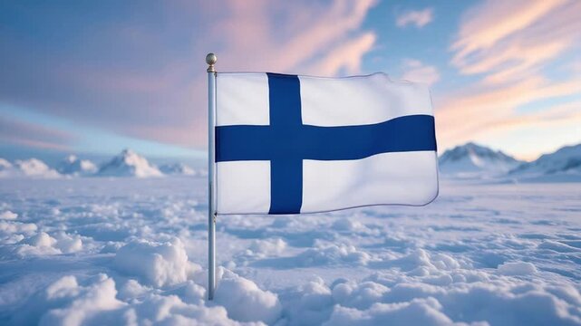 Finnish flag fluttering against a scenic winter mountain backdrop