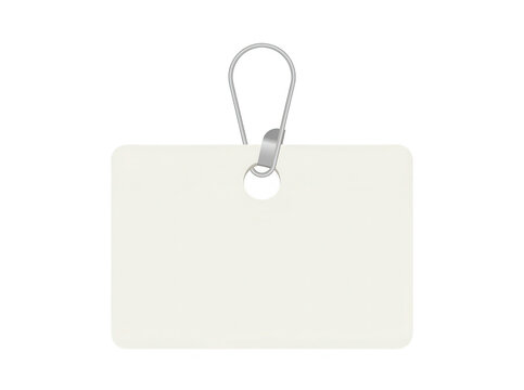 Etichetta rettangolare bianca vuota con gancio metallico isolata su sfondo bianco, ideale per mockup di prezzi, etichette di abbigliamento o cartellini identificativi personalizzabili.