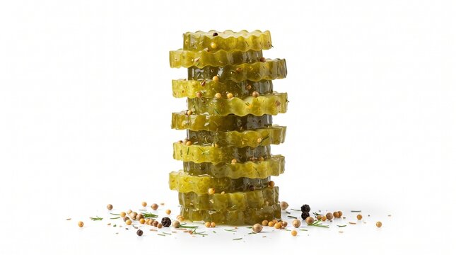 Stack of Crinkle Cut Pickled Cucumber Slices with Spices Isolated on White Background