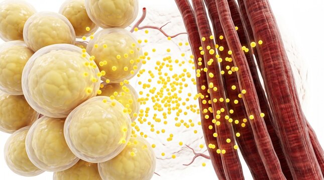 3D Microscopic Diagram of Adipocyte Hypertrophy and Muscle Atrophy in Cushing's Syndrome