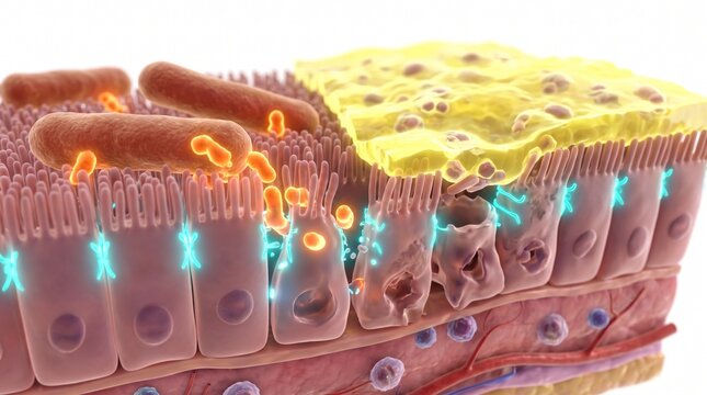 3D Microscopic Diagram of Pseudomembrane Formation in C. difficile Infection