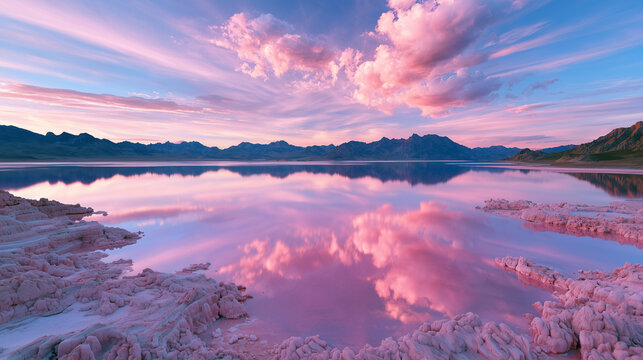vast surreal pink salt lake stretching toward distant mountains, geometric salt formations surrounding shallow reflective water, intense pink and crimson natural colors.