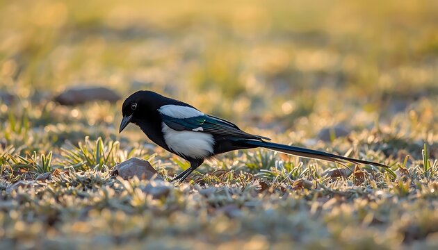 A black and white magpie with a long tail walks across sunlit ground scattered with small stones and sparse vegetation.