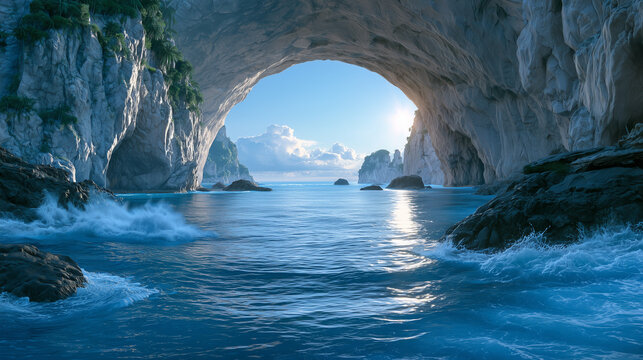 massive ocean sea cave carved into towering coastal cliffs, enormous natural stone arch opening toward a deep blue ocean, waves crashing against dark rocks.