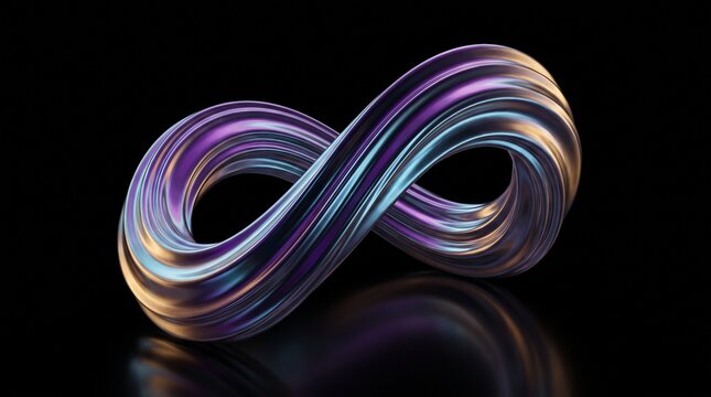 Shiny metallic infinity symbol featuring iridescent colors against a deep black background concept.