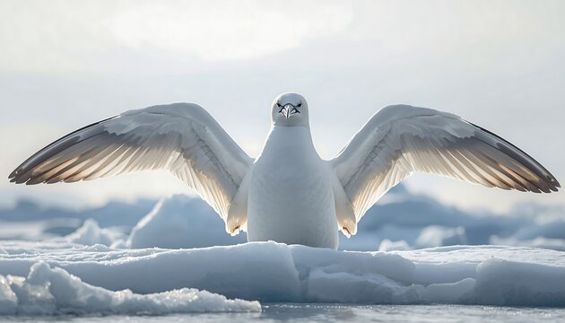 A solitary white seagull stands proudly on ice floes in the Arctic with its wings fully extended.