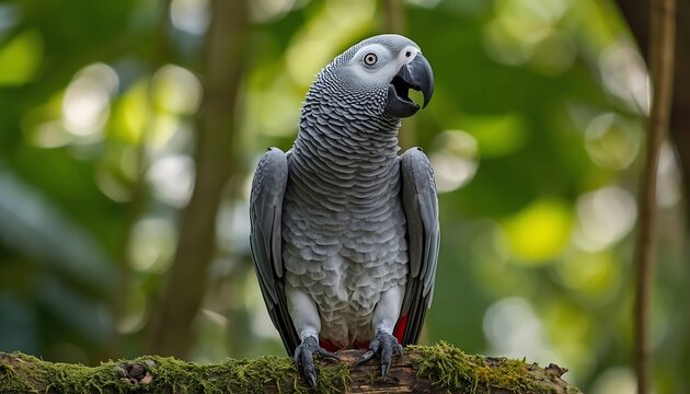 An African grey parrot with bright white eyes and an open beak sits on a moss-covered tree branch.