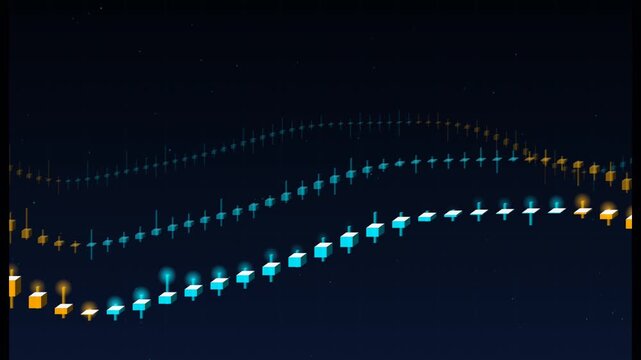 Abstract 3D glowing candlestick stock market chart animation showing financial data trends on dark background