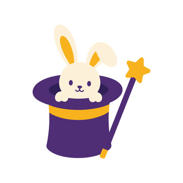Magic rabbit popping out of purple top hat with yellow star wand.