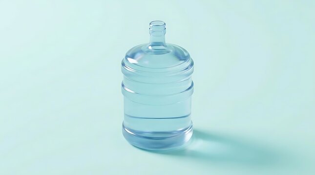 A clear plastic 5 gallon water jug sits against a simple solid light blue background representing hydration and supply of clean drinking water for office