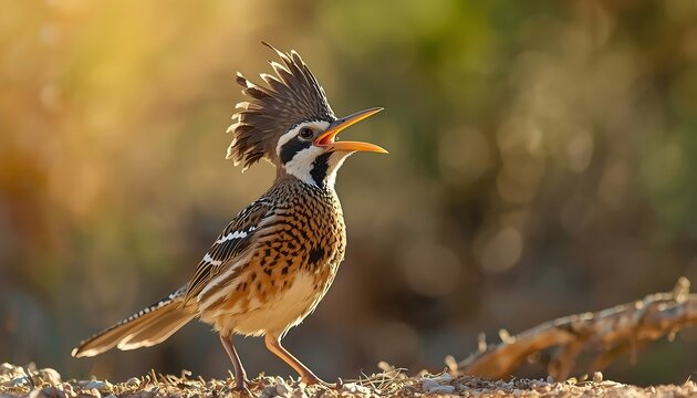 A striking bird with a prominent crest and open beak sings energetically on the ground, illuminated by the golden light of late afternoon.