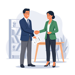 Obraz premium Business Agreement: Man and Woman Shaking Hands Over Contract in Modern Office