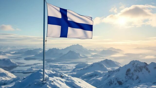 Finnish flag waving on a snowy mountain summit at sunrise