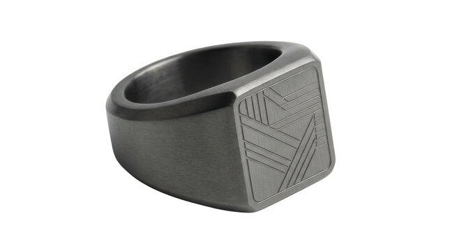 Anillo de sello masculino de acero inoxidable oscuro con un dise&ntilde;o geom&eacute;trico grabado en la superficie superior plana, presentado sobre un fondo blanco limpio para resaltar su textura met&aacute;lica mate.