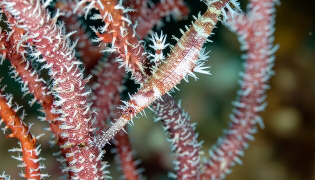 Rare underwater close-up of ornate ghost pipefish camouflaged among red algae in ocean habitat