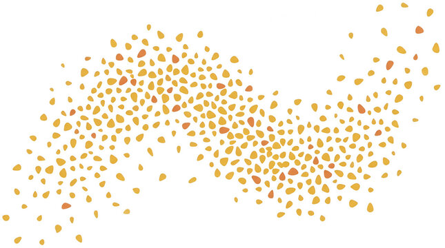 Una composici&oacute;n abstracta de peque&ntilde;as semillas de s&eacute;samo doradas y marrones dispuestas en una forma de onda fluida y din&aacute;mica sobre un fondo blanco limpio, ideal para dise&ntilde;o culinario y publicidad.