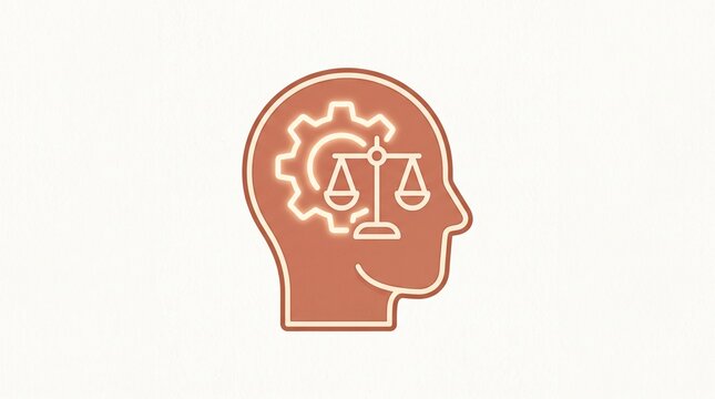 Head silhouette icon with gear and scale, reason and rational judgment concept