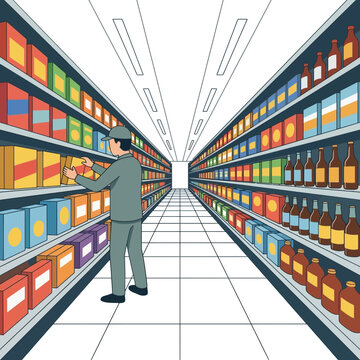 Grocery store worker restocking shelves with food products in supermarket aisle