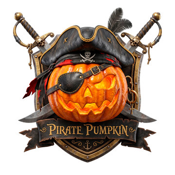 Spooky Halloween pirate pumpkin with eye patch and crossed swords on a shield emblem PNG Isolated on transparent background